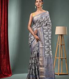 Charcoal Blended Silk Handwoven Ajrakh Print Saree